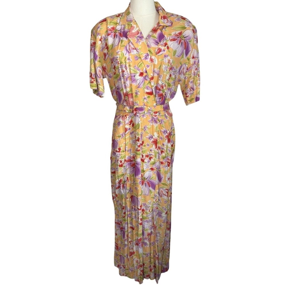 VTG 90s Floral Belted Midi Dress Orange‎ Purple Short Sleeve V-Neck Cottage Sz 8